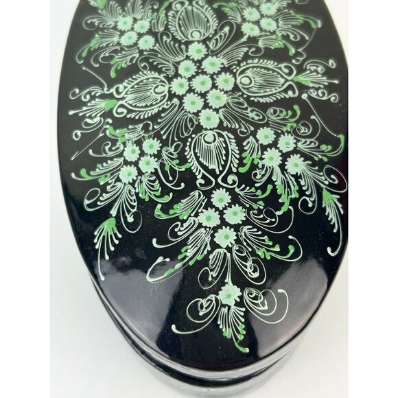 Vintage Green Teal Black Lacquer Oval Trinket Box Floral Pretty Home Decor Vanit - Picture 10 of 14